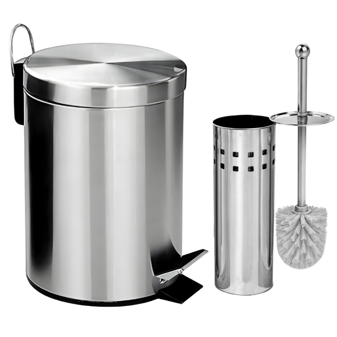 Lixeira Banheiro Inox Pedal Cozinha + Escova Sanitária Inox Com Suporte Ou Opções Avulsos