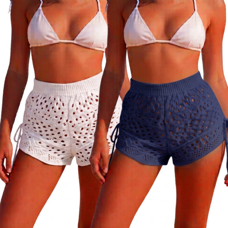 Kit 2 shortinho Shorts Feminino Tricô Saída De Praia Verão Cós Alto E Amarração Lateral Regulável tendência moda praia