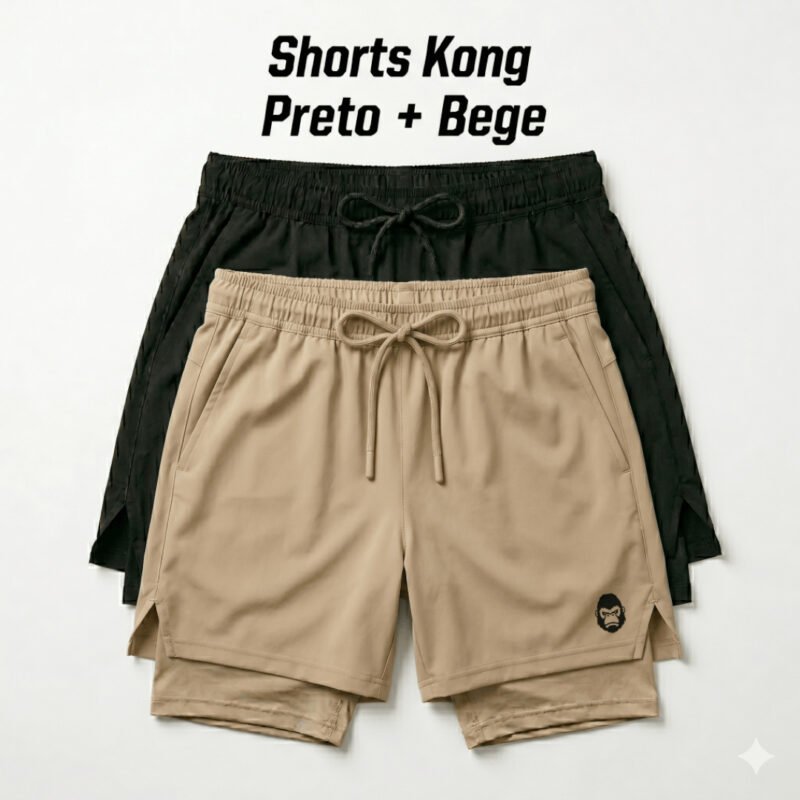 Shorts Masculino 2 em 1 Dry Fit Academia Corrida Bermuda de Compressão com Bolso Celular Kong