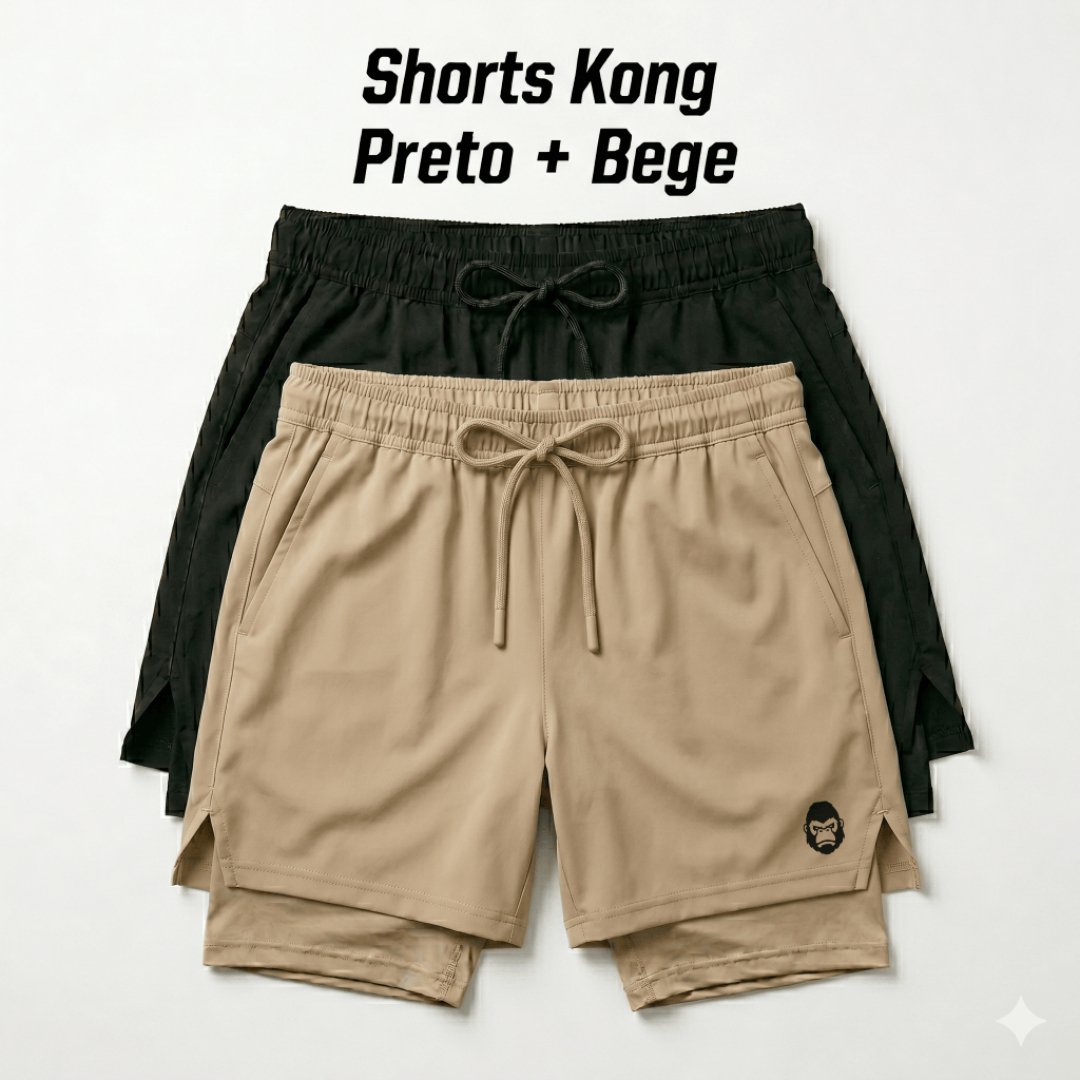 Shorts Masculino 2 em 1 Dry Fit Academia Corrida Bermuda de Compressão com Bolso Celular Kong