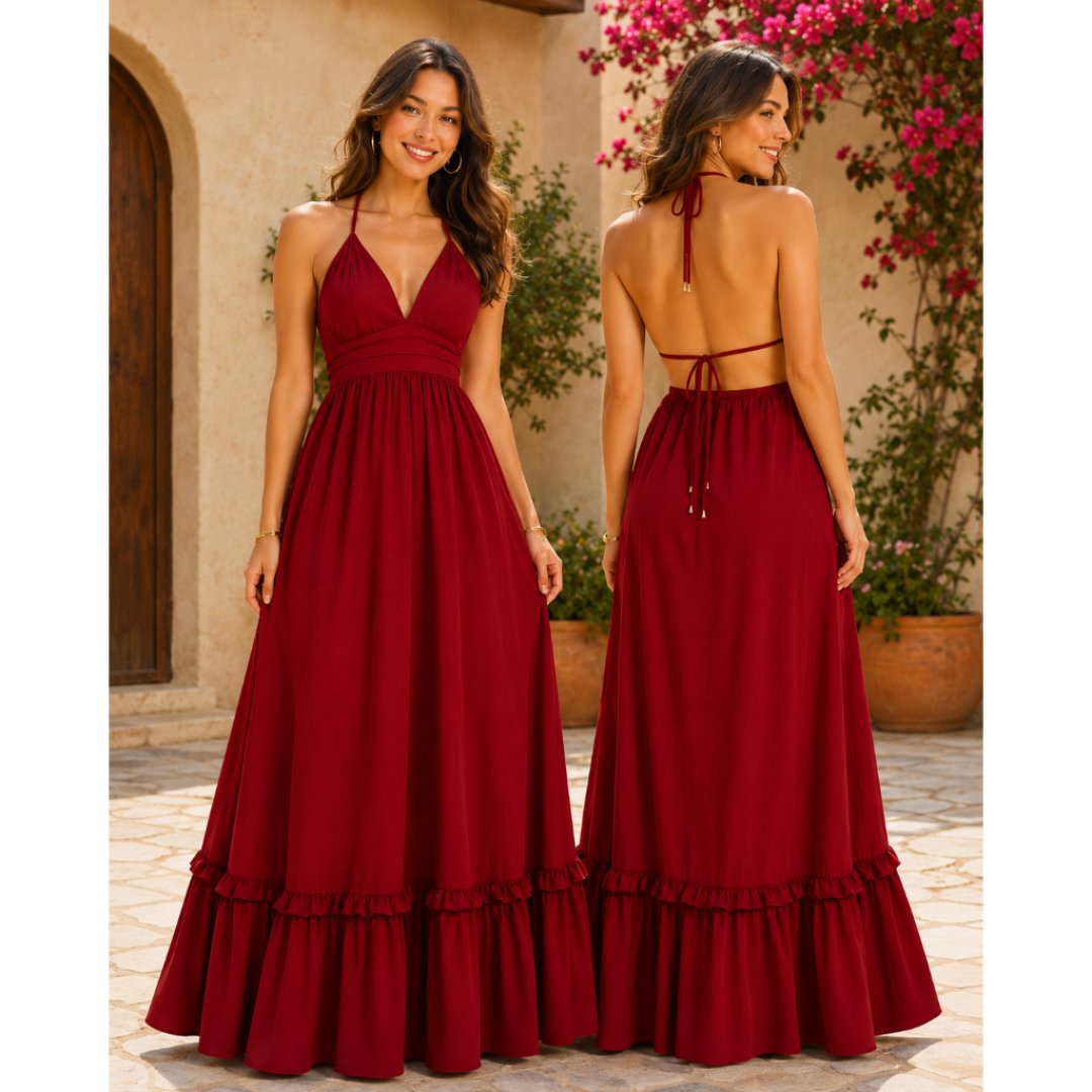Vestido Longo Feminino Elegante Frente Única Costas Nuas Fluido Amarração Ajustável Festa Vestido Longo Feminino Elegante Frente Única Costas Nuas Fluido Amarração Ajustável Festa