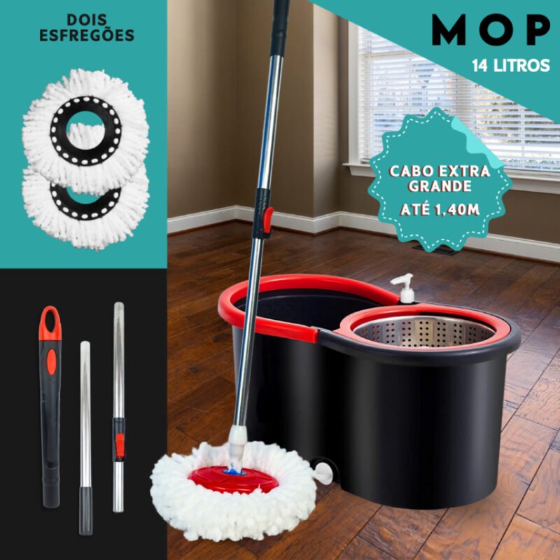 Mop Girátorio Cleaner Profissional – Balde com Centrífuga 14L + Refil Duplo e Cabo Reforçado – MN