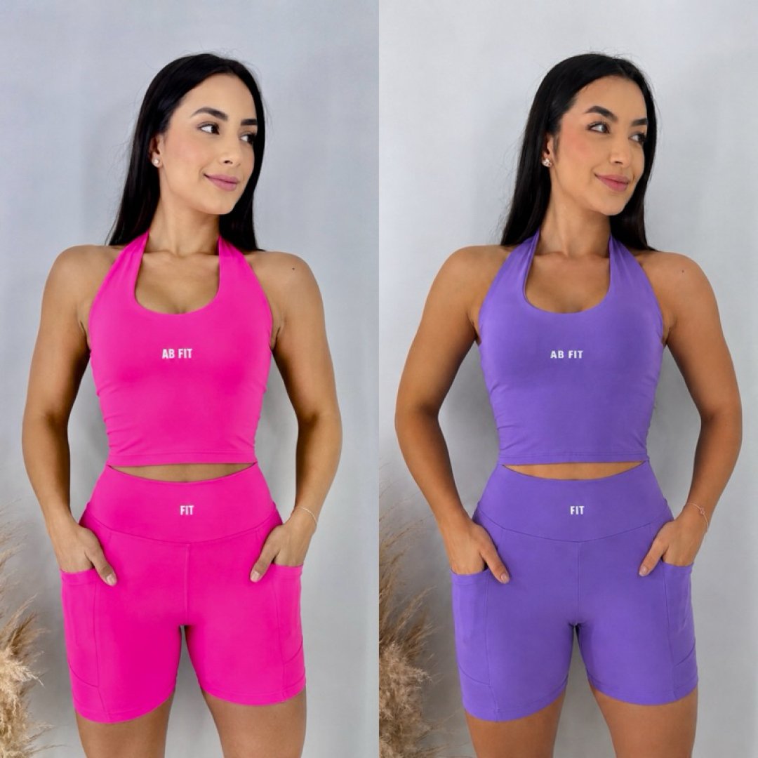 Conjunto Fitness Feminino Short com Bolso e Top Frente Única para Corrida e Academia Conjunto Fitness Feminino Short com Bolso e Top Frente Única para Corrida e Academia