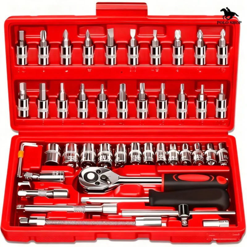 Kit Ferramentas 10/40/46 Peças Aço Cromo Vanádio c/ Chave Catraca, Estojo ABS, p/ Carro e Casa