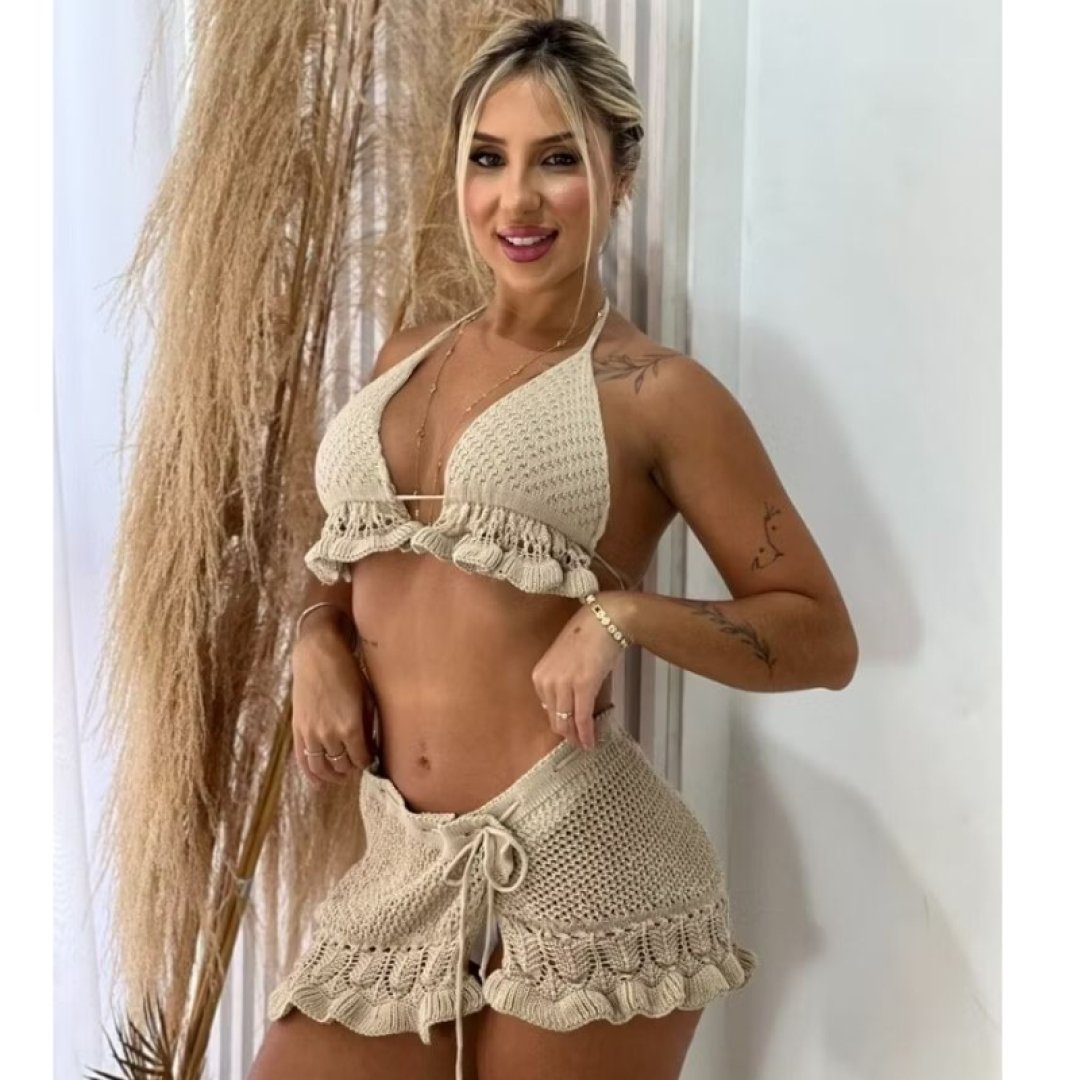 Conjunto Feminino Crochê – Top Cortininha + Saia Curta com Amarração | Moda Praia Elegante Verão
