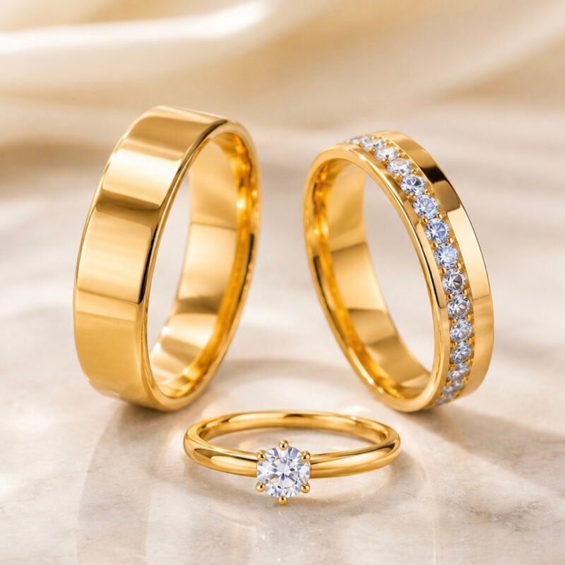 Par de alianças de casamento 4mm cravejada moeda antiga + anel solitário 100% em moeda cor de ouro 18k