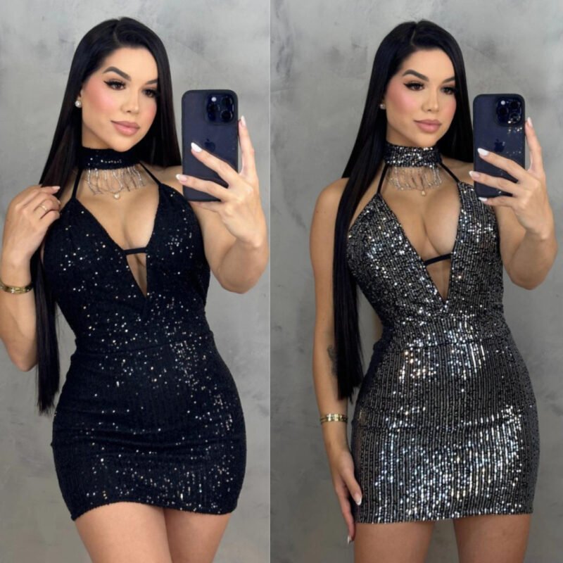 Vestido Paetê Decotado, Alça Fina C/ Gola Alta Franja de Strass, Decote com Bojo, Curto Coladinho Brilho Noite Balada