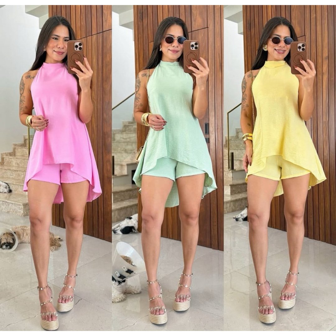 Conjunto Feminino Duna Frente Única Estilo Vestido Macaquinho Soltinho Com Decote nas Costa Tendência