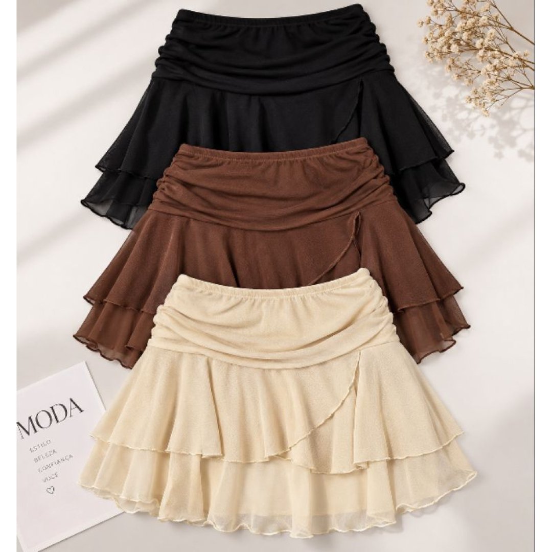 Saia de Tule Feminina com Short Interno 3 Camadas – Franzida e Estilosa