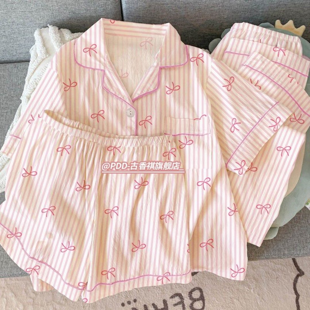 Conjunto De Três Peças De Verão: Pijama Fino Em Nuvem Para Mulheres, Lindo E Doce, Nó De Borboleta, Roupa De Casa