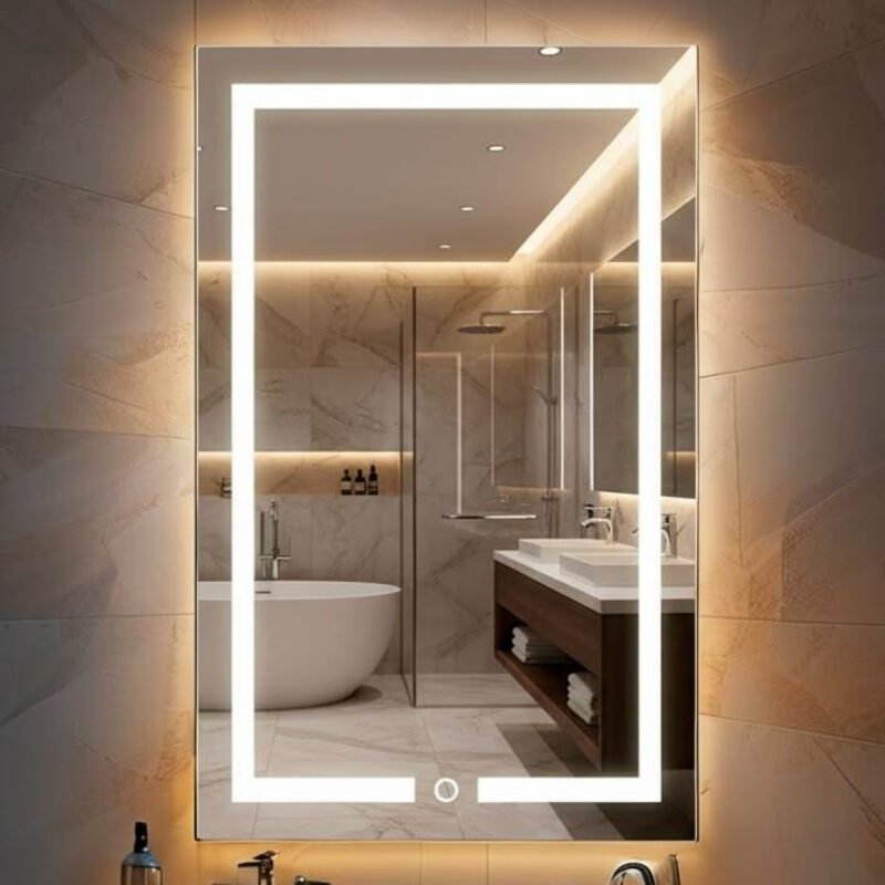 Espelho Jateado Retangular 80×50 cm com LED 3 Cores e Botão Touch para Banheiro Lavabo Penteadeira