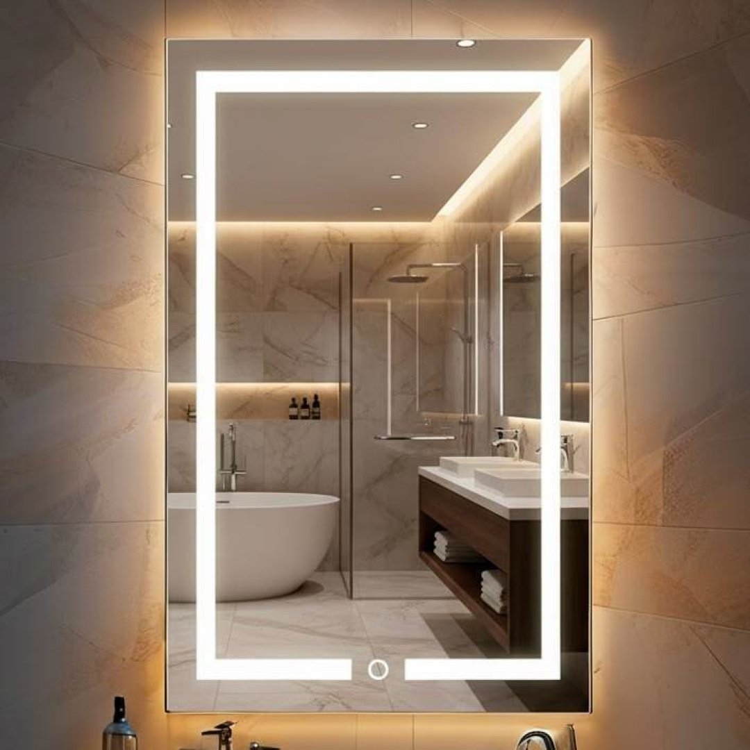 Espelho Jateado Retangular 80×50 cm com LED 3 Cores e Botão Touch para Banheiro Lavabo Penteadeira