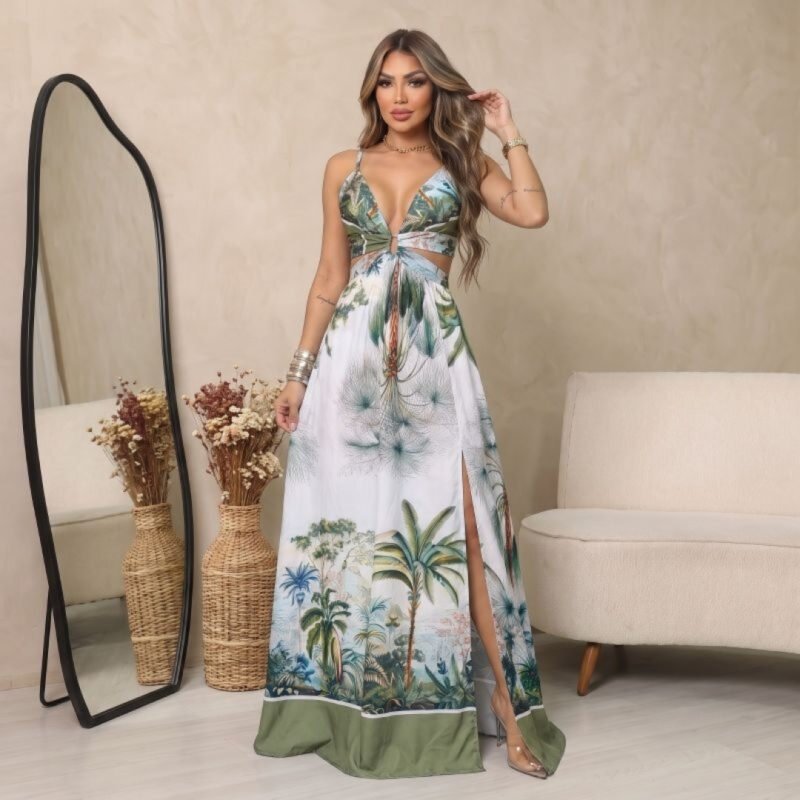 Vestido Longo Estampado Elegante com Fenda Lateral- Verão