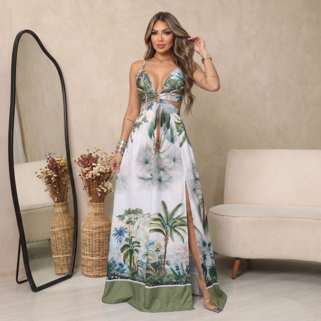 Vestido Longo Estampado Elegante com Fenda Lateral- Verão