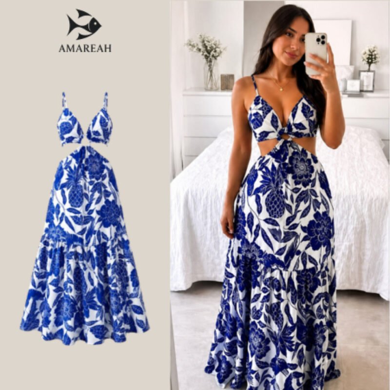 VESTIDO Longo Estampado Feminino de Alcinha com Amarração / AMAREAH