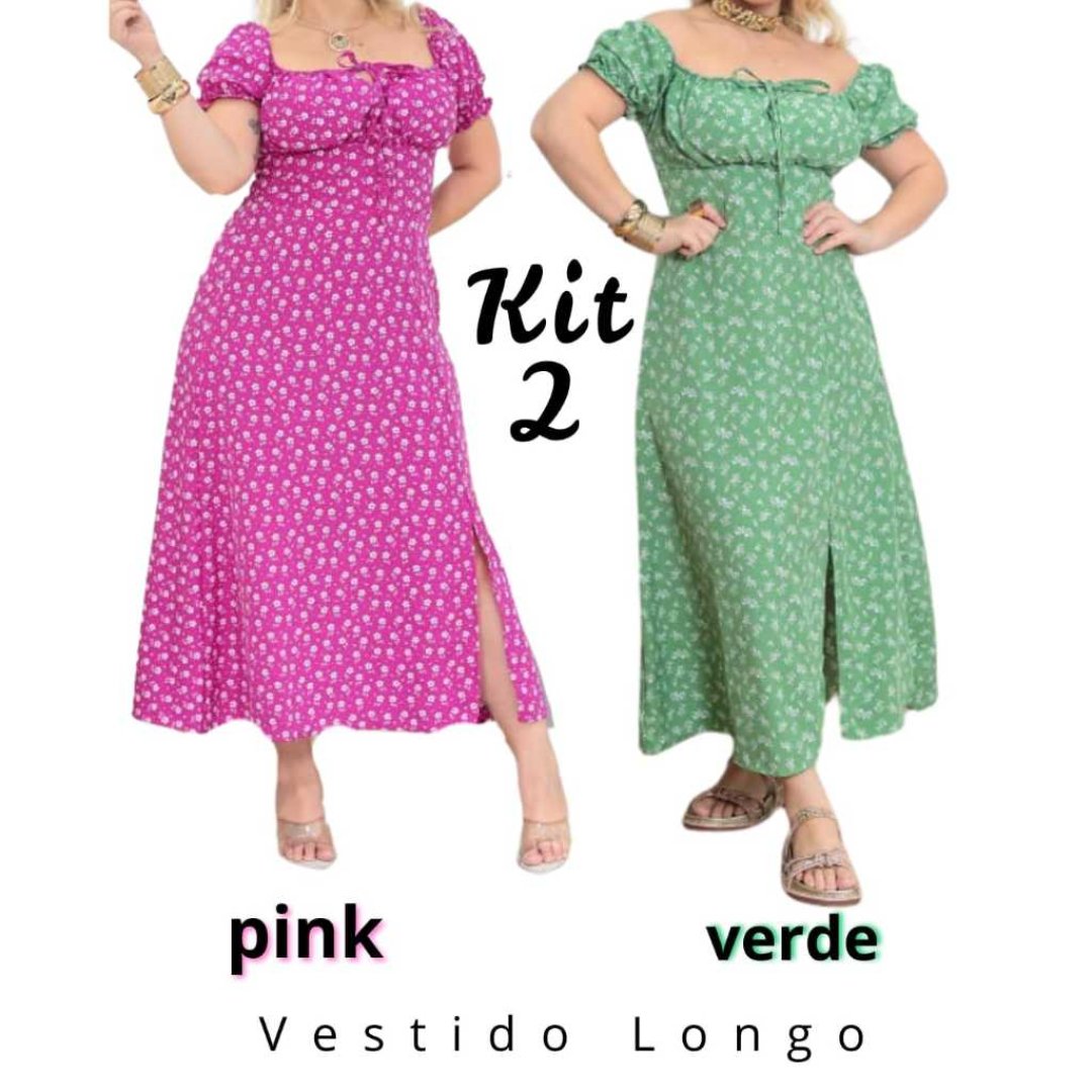 Kit 2 Peças de Vestido Feminino Midi com Manga Princesa com forro e Fenda na Frente Elegância – Moda Casual