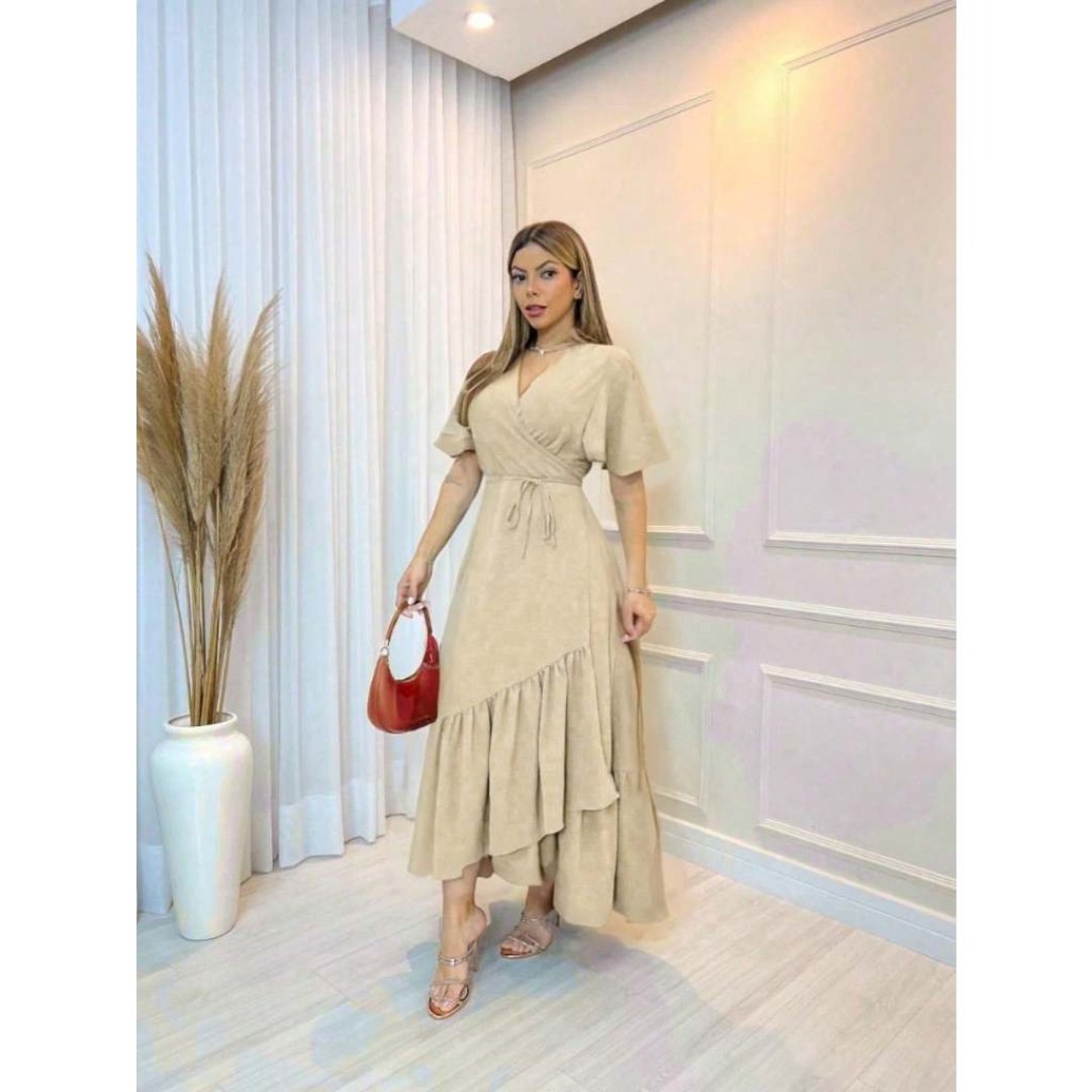 Vestido Feminino Longo Liso Saia Envelope Transpassada Manga Curta Decote V Vestido Feminino Longo Liso Saia Envelope Transpassada Manga Curta Decote V