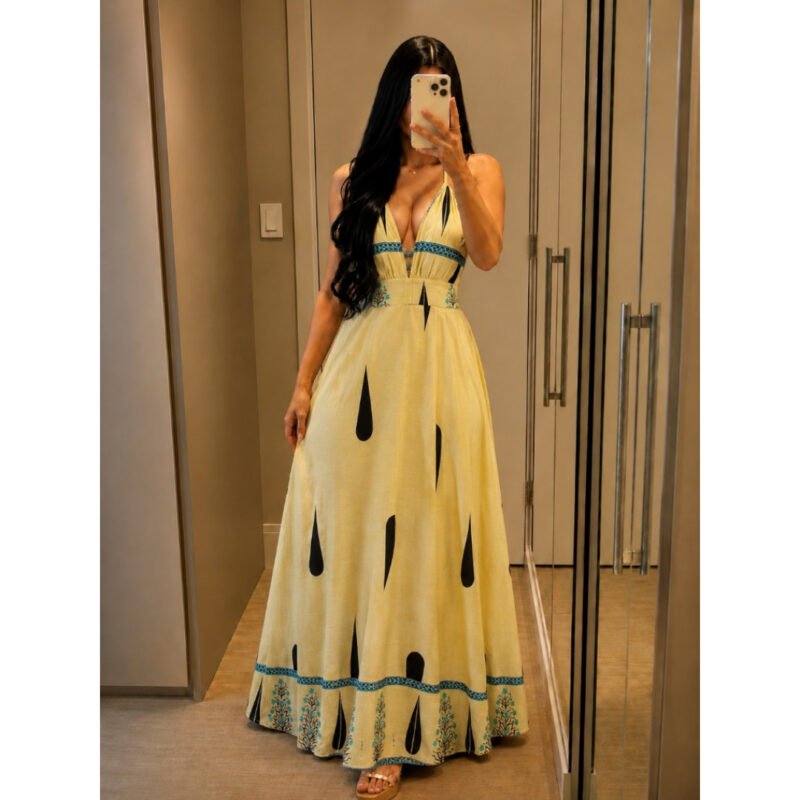 Vestido Feminino Longo Frente Única Com Decote Aberto Estampa Gota Boho