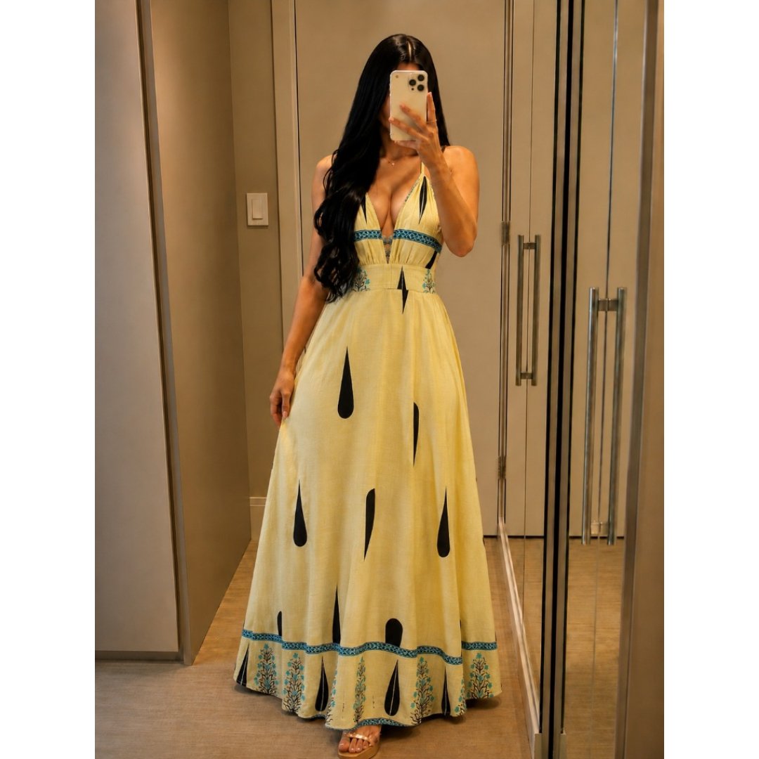 Vestido Feminino Longo Frente Única Com Decote Aberto Estampa Gota Boho