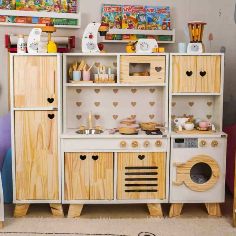 Cozinha Infantil Petit Madeira Completa Geladeira Máquina de Lavar Brinquedo Kit Livro Educativo