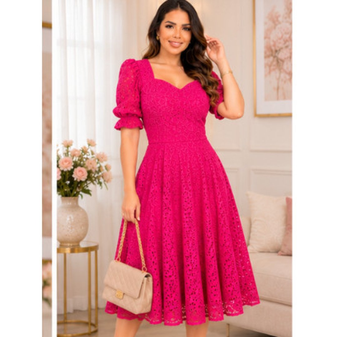 VESTIDO FEMININO MIDI SOCIAL LESSE DE MALHA MANGA PRINCESA MODA EVANGELICA ELEGANTE CASUAL LUXO PLUS