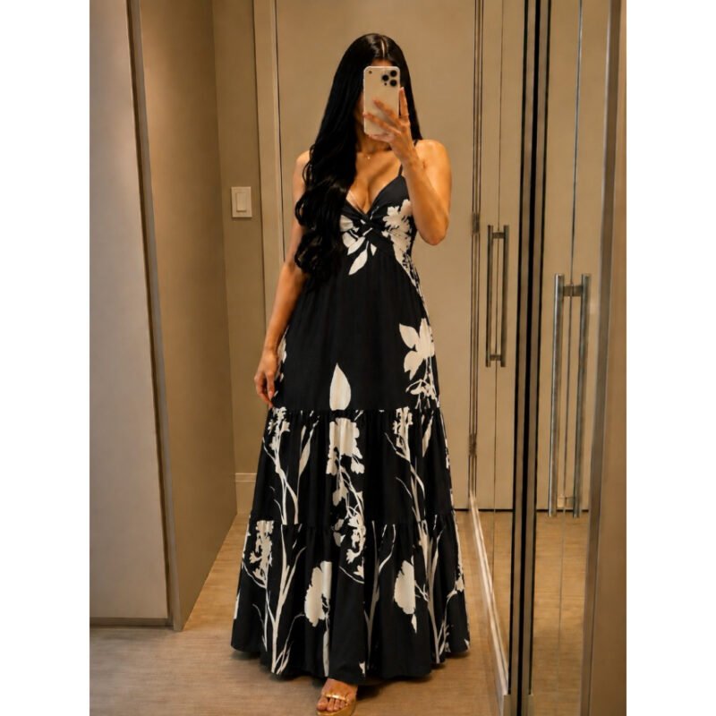Vestido longo Feminino Estampado Decote V Alcinha COD:029-Folha