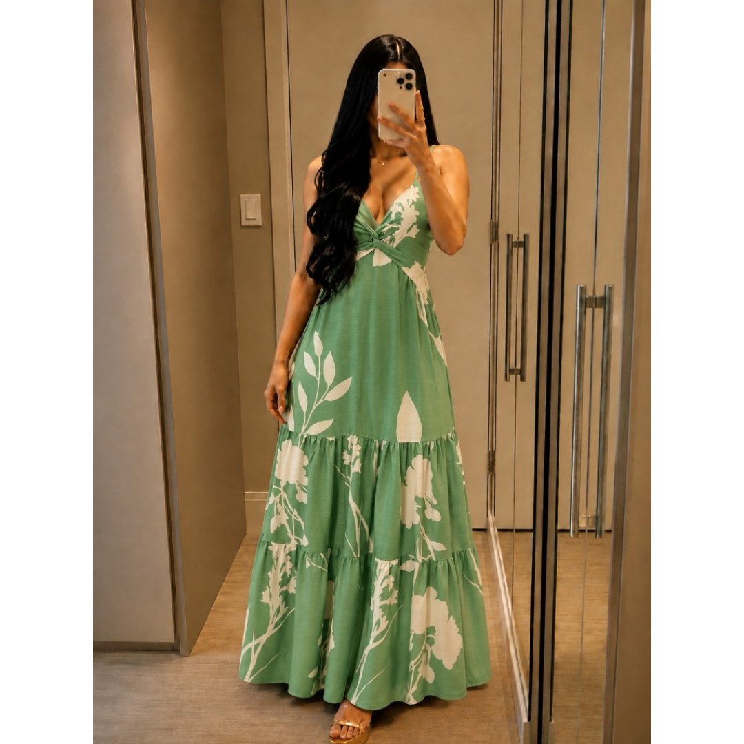 Vestido Feminino Longo Decote V Costas Nua Com Amarração Estampa Folha