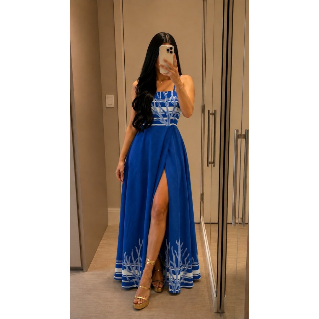 Vestido Feminino Estampado Longo Com Fenda Costas Aberta Alça Fina Cruzada COD:X041