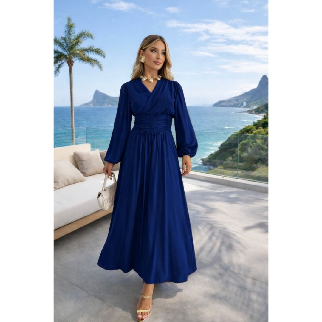 Vestido Longo Feminino Elegante Manga Longa Bufante Cintura Marcada Festa COD:240