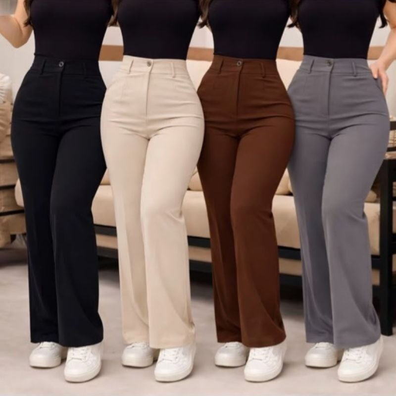 Calça Feminina Wide Leg Pantalona Alfaiataria Cintura Alta Zíper Lateral Botão Bolsos Laterais Social