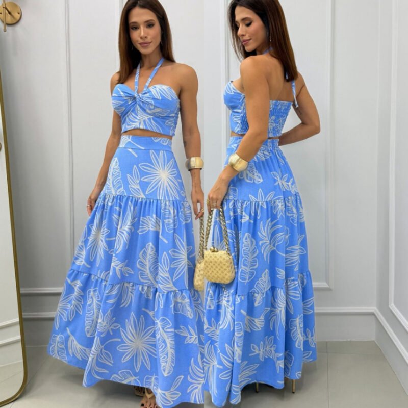 conjunto feminino verao saia longa e top estampado alças regulavel elastex nas costas