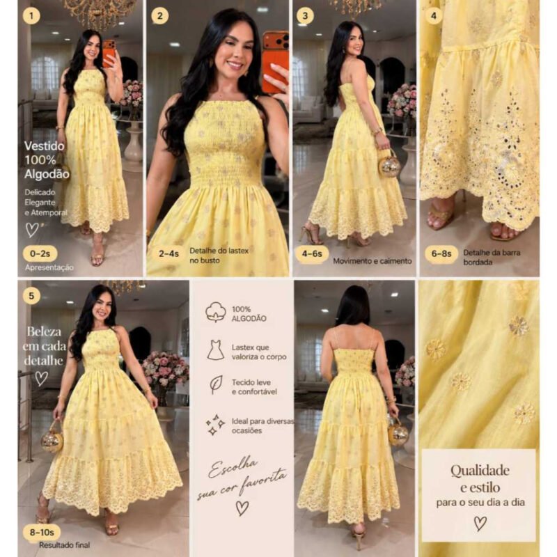 Vestido Midi Feminino Moda Evagélica com Lastex em Lesi Bordado com Alça Regulavel Saia Rodada Elegante