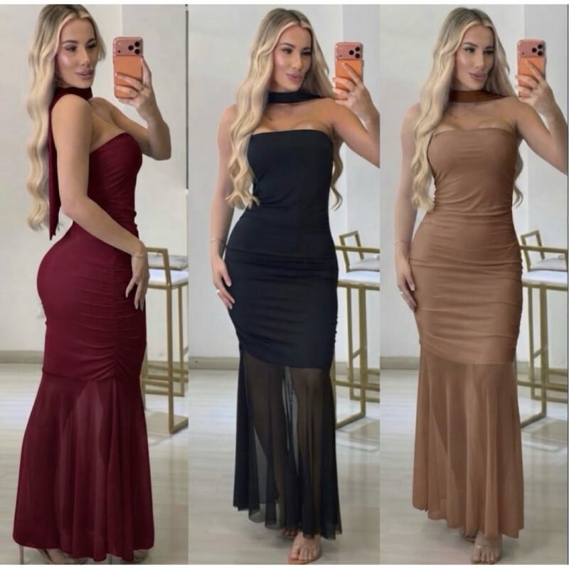 Vestido Longo Feminino Suplex Sereia No Tule Franzido Elegante Modinha