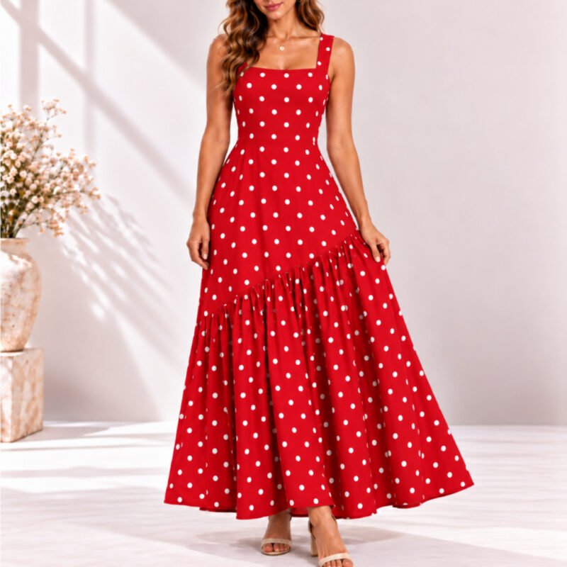 Vestido longo Feminino Assimétrico com Bojo Listrado e Poa Verão