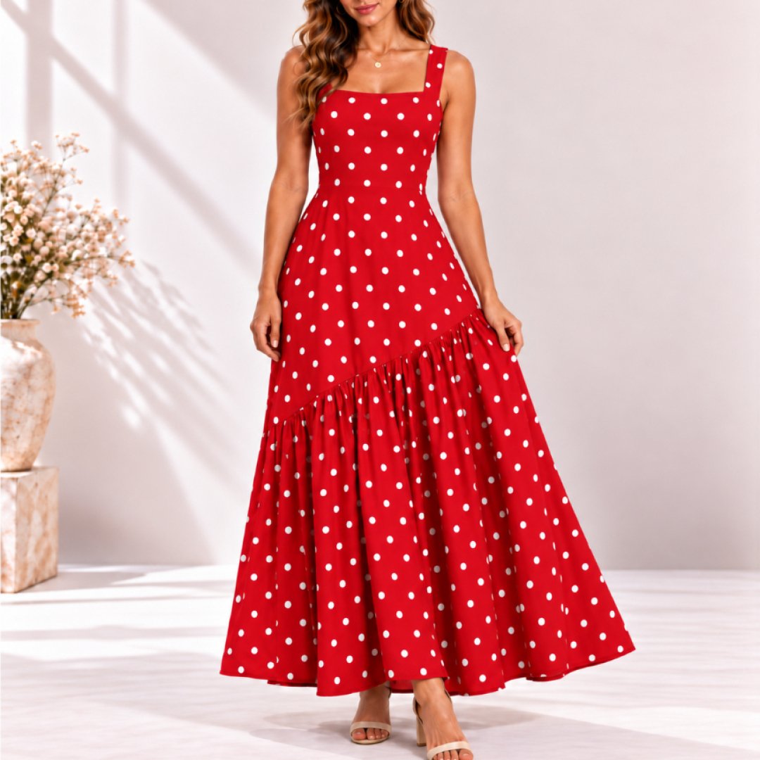 Vestido longo Feminino Assimétrico com Bojo Listrado e Poa Verão