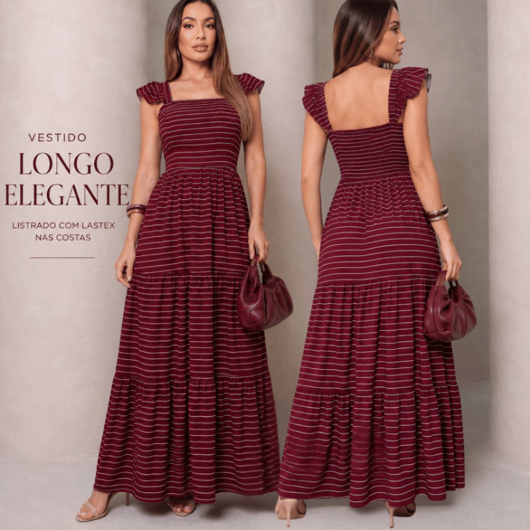 Vestido Longo Feminino Elegante Listrado com Lastex Tecido Duna Decote Quadrado Manga Babado