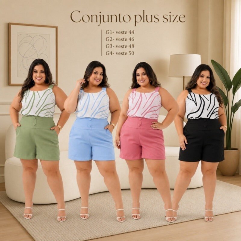 Conjunto Plus Size Feminino Alfaiataria Estampado e Liso Short e Blusa 44 46 48 50