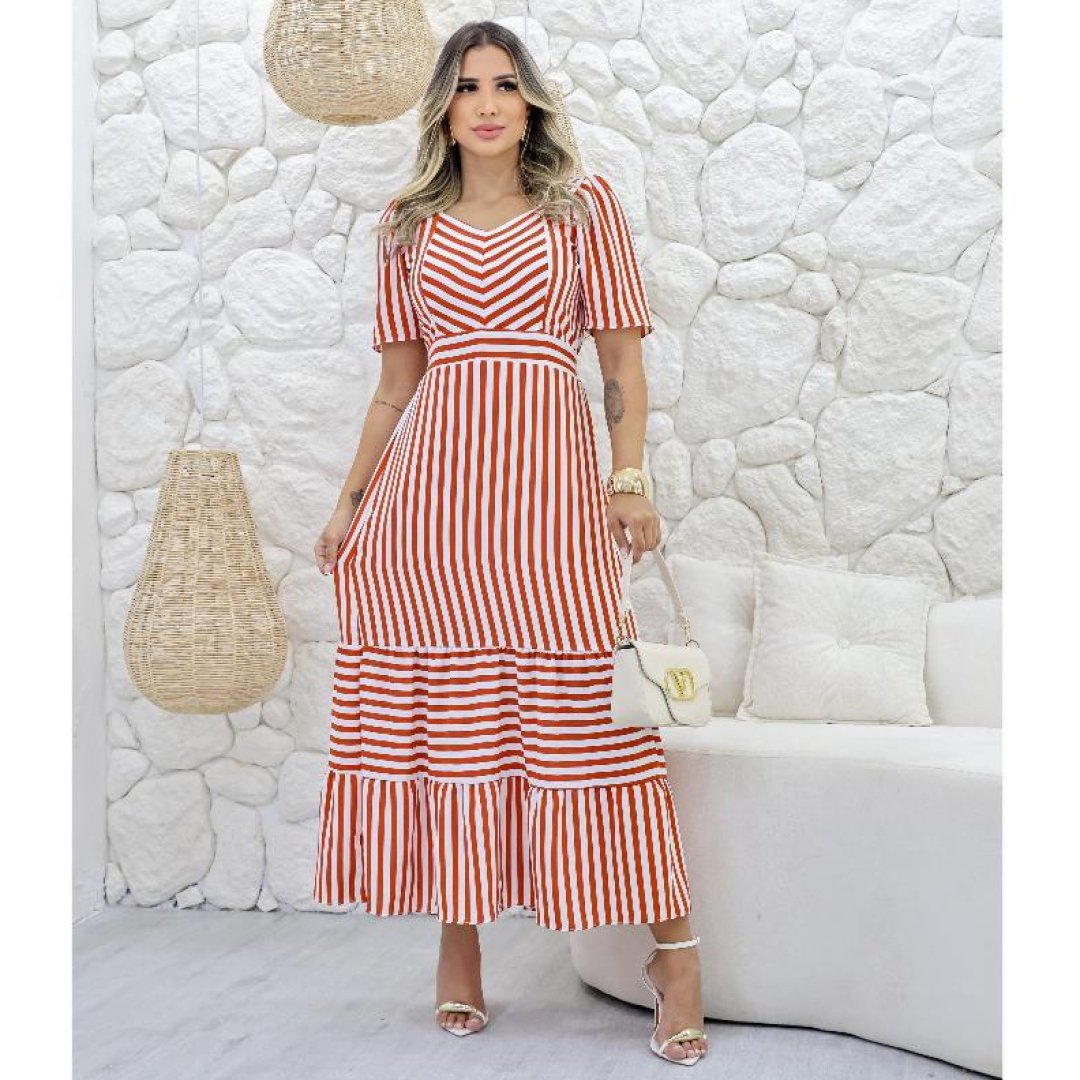 Vestido Feminino longo listado forrado Tecido Duna