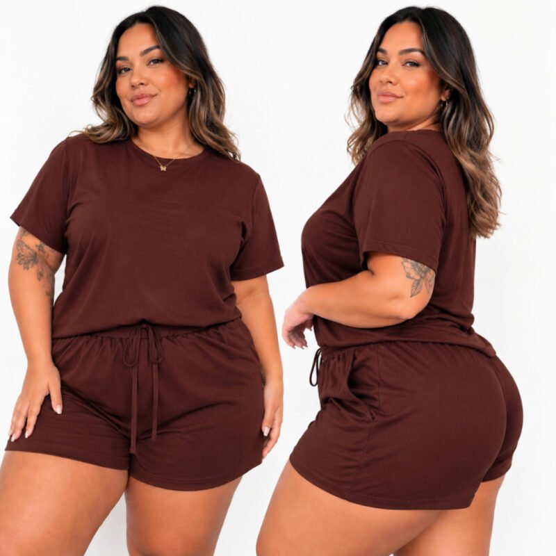 Conjunto Feminino Plus Size Suede Blusa e Short Confortável Malha Macia Casual Tam U Veste G e GG