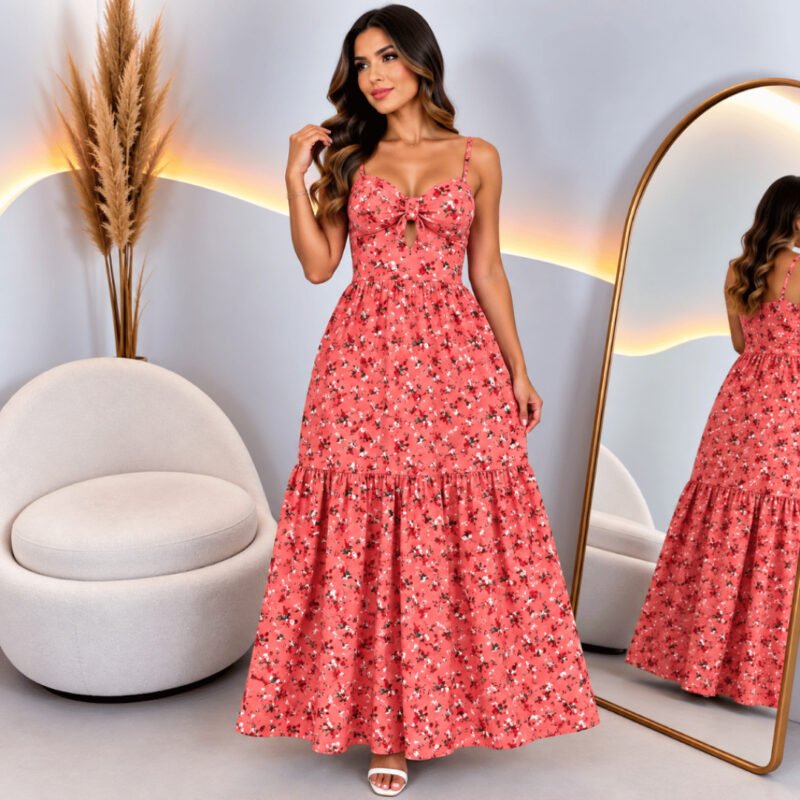 Vestido Feminino Longo Floral Crepe com Bojo Alça Regulável Abertura Elegante Pimenta Rosa
