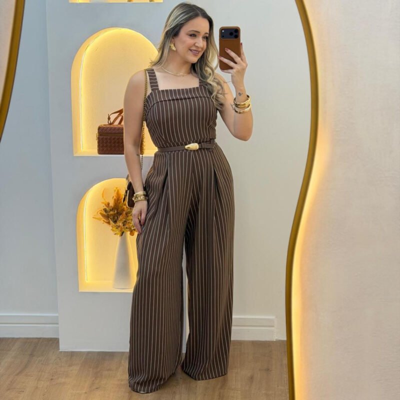Macacão Feminino Pantalona Listrado Thais Elegante Tecido Crepe Veste 36 ao 46 Com Bojo Modela Corpo