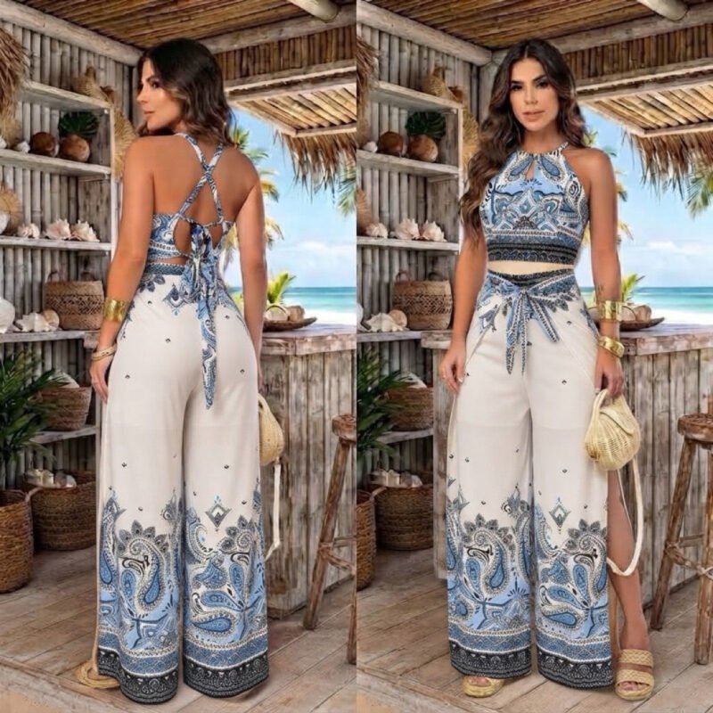 Conjunto Calça Envelope Pantalona Forrada Cropped Com Bojo Estampada