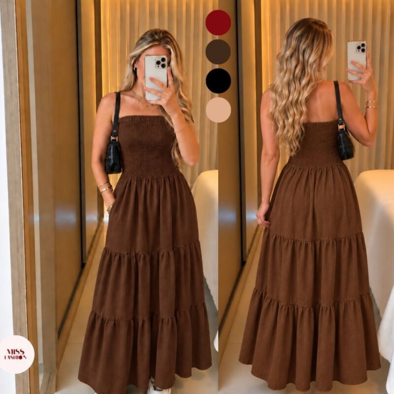 Vestido Longo Tomara que Caia com Lastex Liso em Linho Duna Feminino Verão