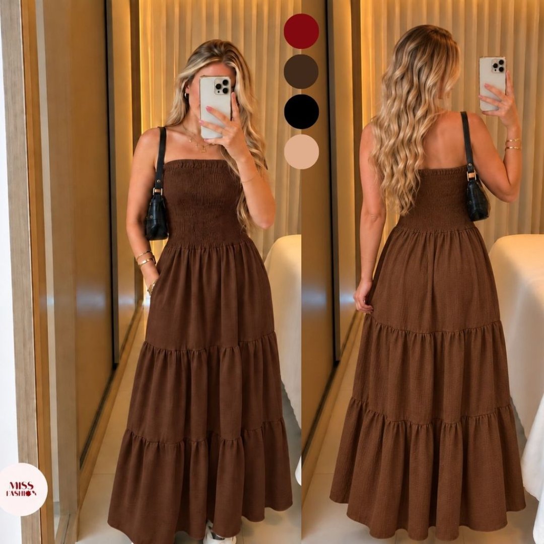 Vestido Longo Tomara que Caia com Lastex Liso em Linho Duna Feminino Verão