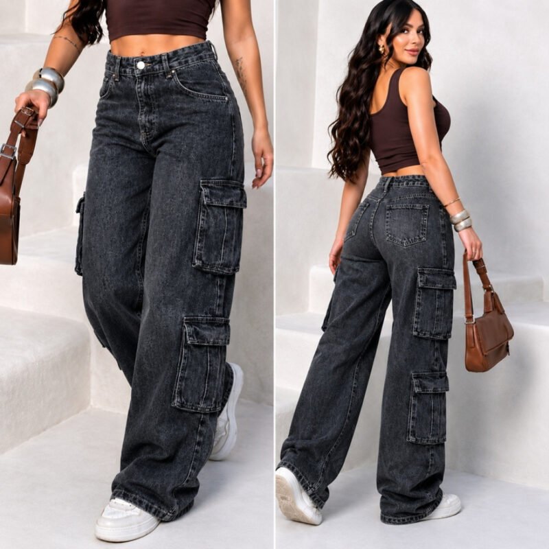 calça cargo jeans 8 bolsos 100% algodão