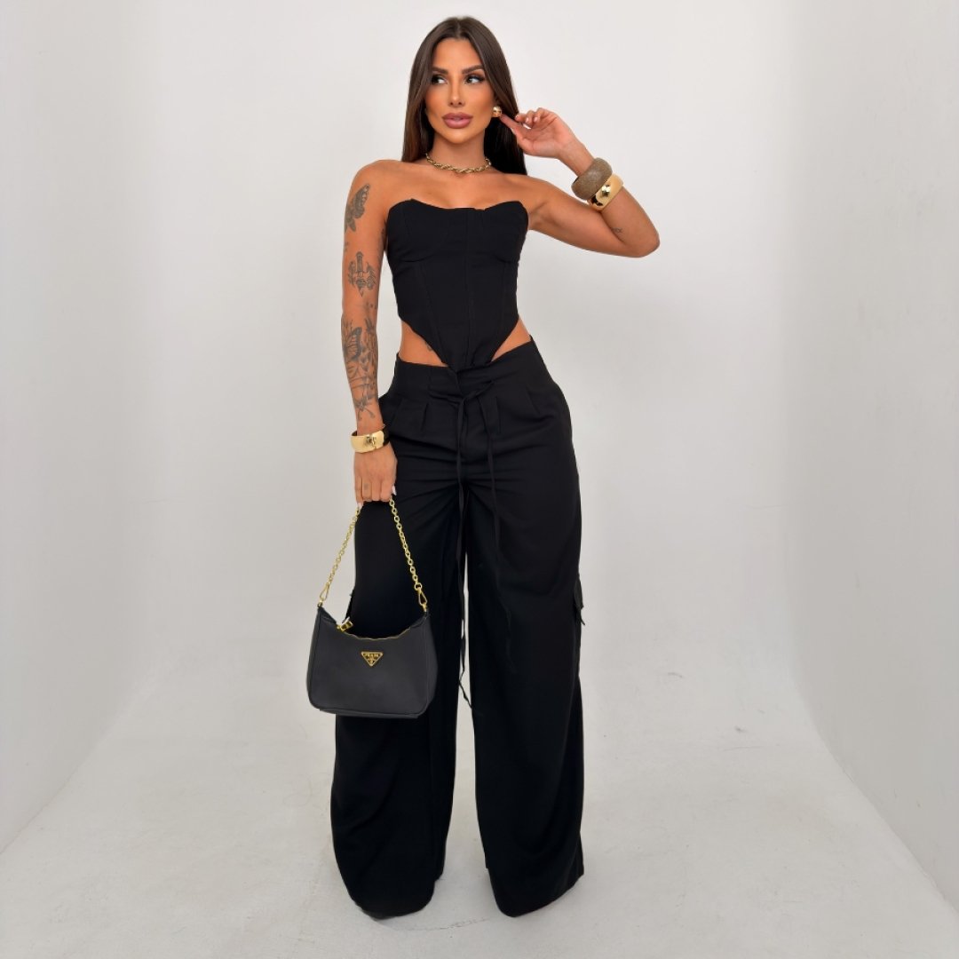 Conjunto Feminino Mayara Top Corset e Calça Pantalona Cargo