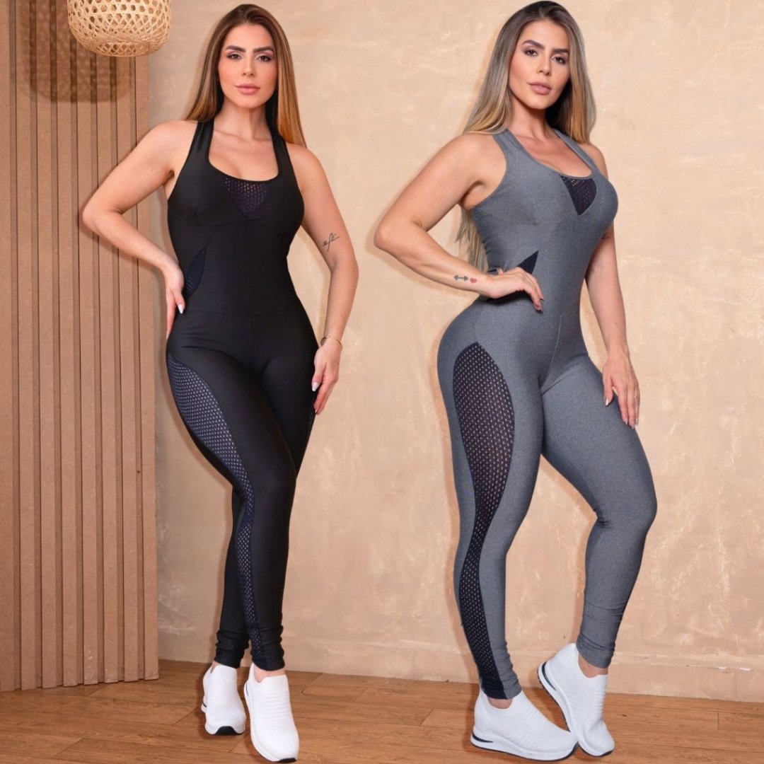 Macacão Fitness Feminino Com Decotes Em Tela e Bojo Zero Transparência Para Treinar Academia Premium