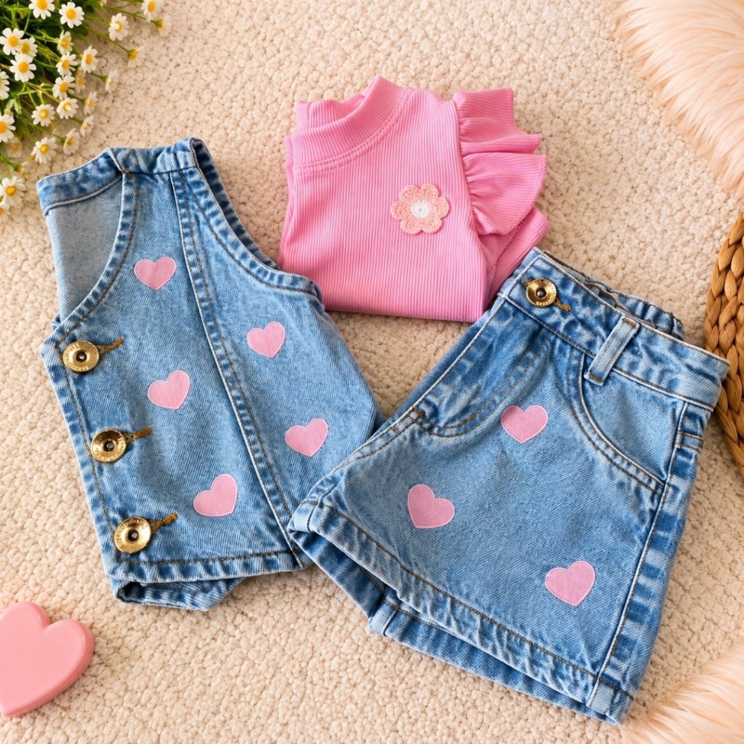 Conjunto Jeans Infantil 3 peças Menina Luxo Tendência Blogueirinha Cerejinha, Coração, Laços, Flores