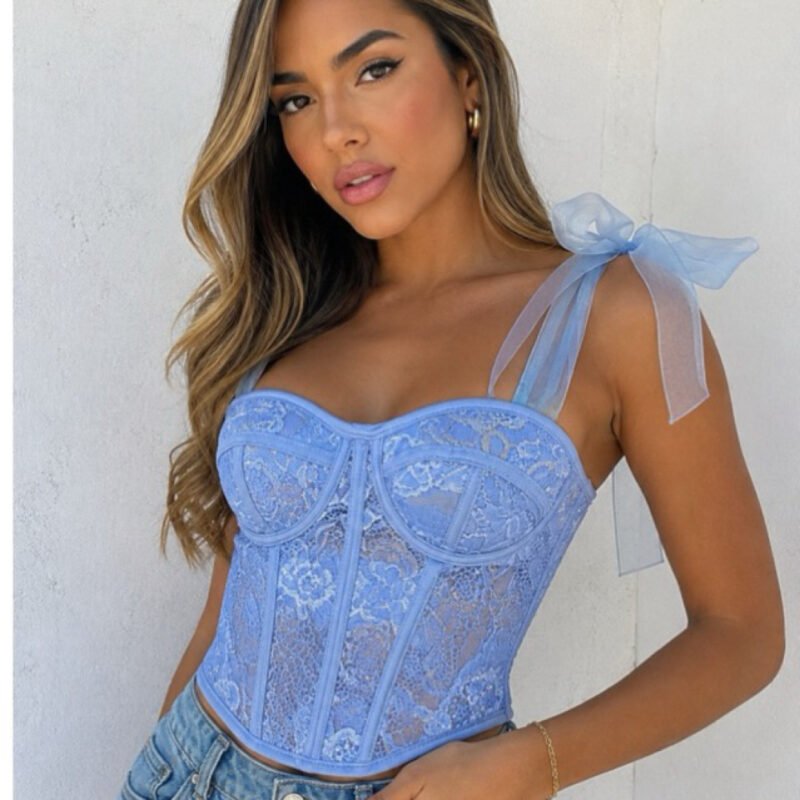 Corselet Bella de Renda com Bojo Cropped Corset Feminino Alça de Laço