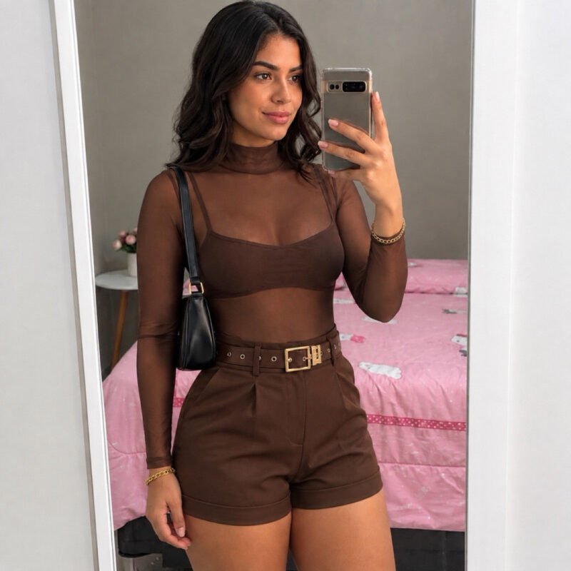 Conjunto Feminino Body Tule + Short alfaiataria, Look Sensual Fashion para Festa e Balada